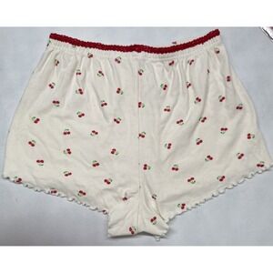 Love & Lazy Days Cherry Print Pajama Shorts Cream Red Lace Trim Coquette Large